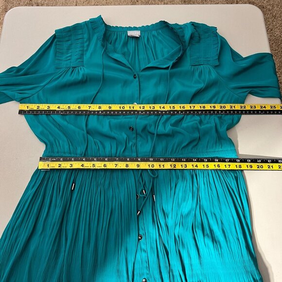 Chicos 2 Midi Dress 12 Teal Green Crinkle Pleated 3/4 Sleeve Button Up Tie Waist - Picture 2 of 16